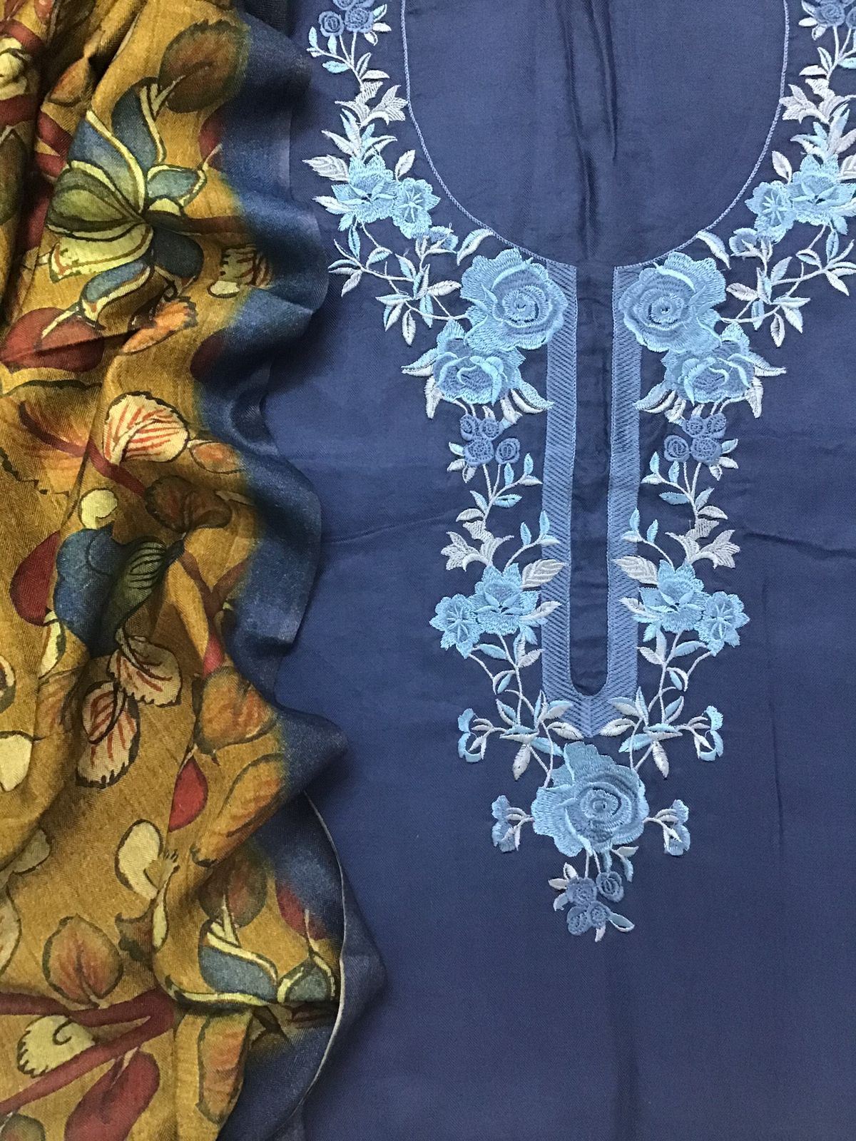 Soft Woollen Slub Silk Printed Embroidered Suit - Blue