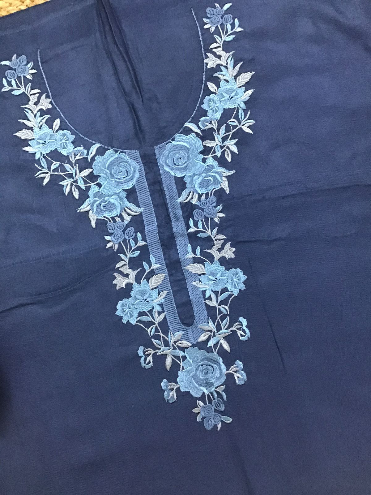 Soft Woollen Slub Silk Printed Embroidered Suit - Blue