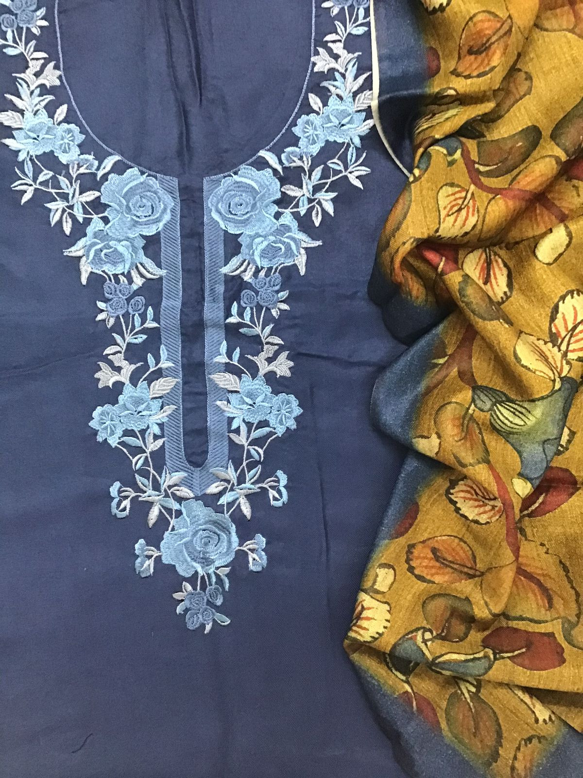 Soft Woollen Slub Silk Printed Embroidered Suit - Blue