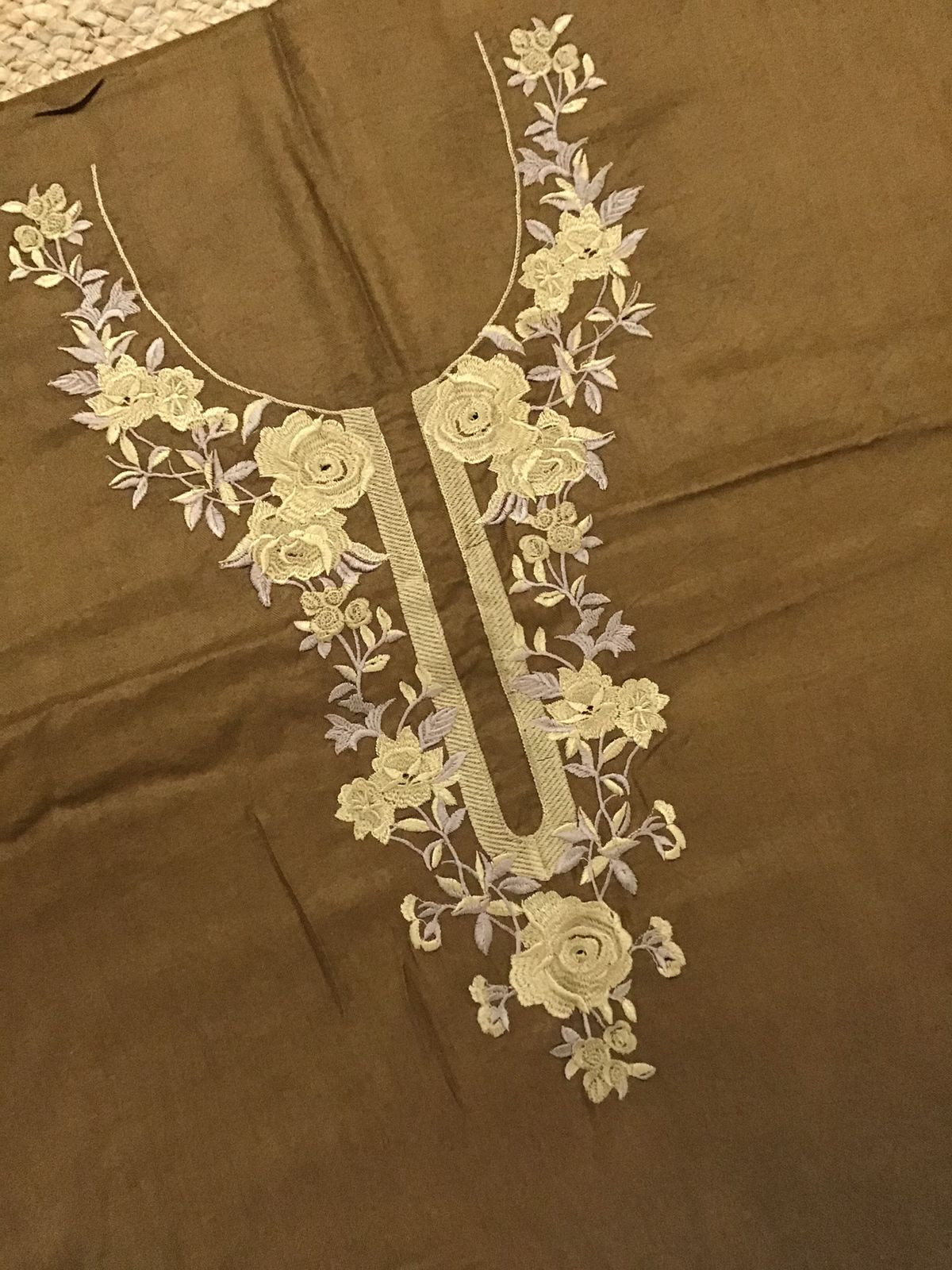 Soft Woollen Slub Silk Printed Embroidered Suit - YELLOWISH BROWN