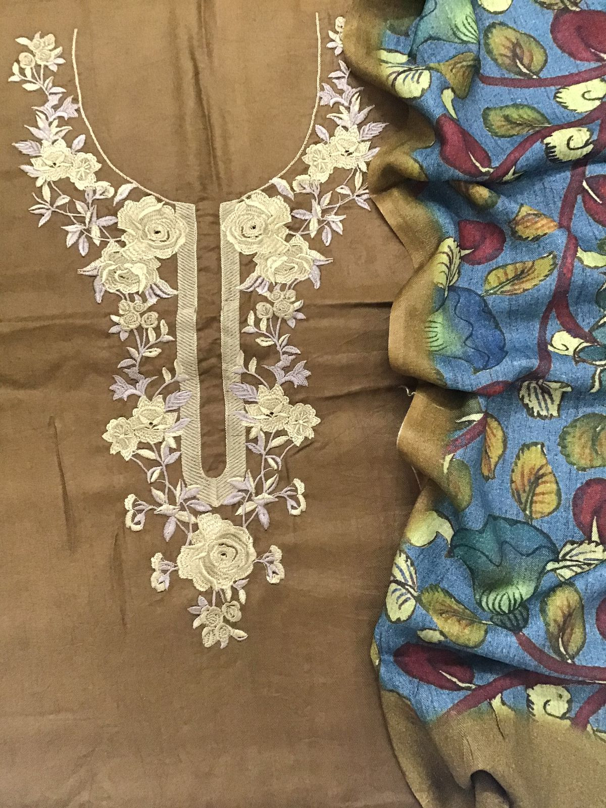 Soft Woollen Slub Silk Printed Embroidered Suit - YELLOWISH BROWN