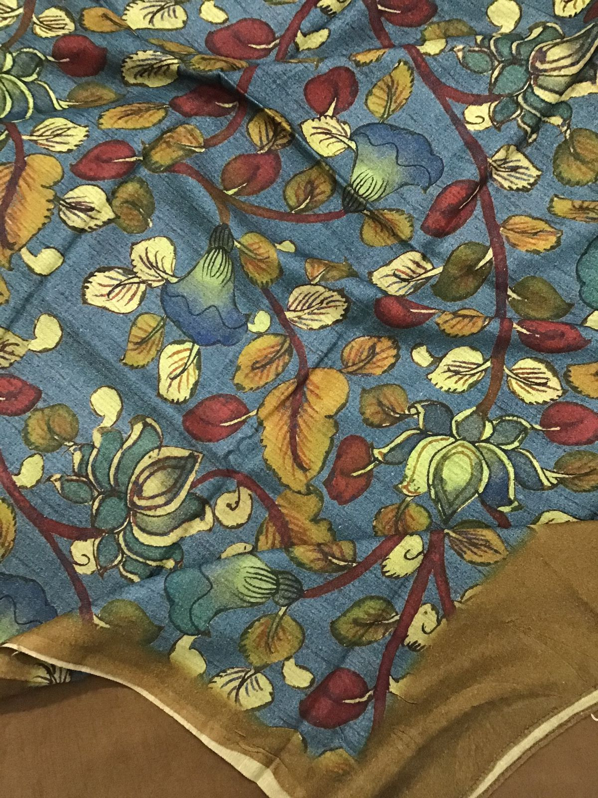 Soft Woollen Slub Silk Printed Embroidered Suit - YELLOWISH BROWN