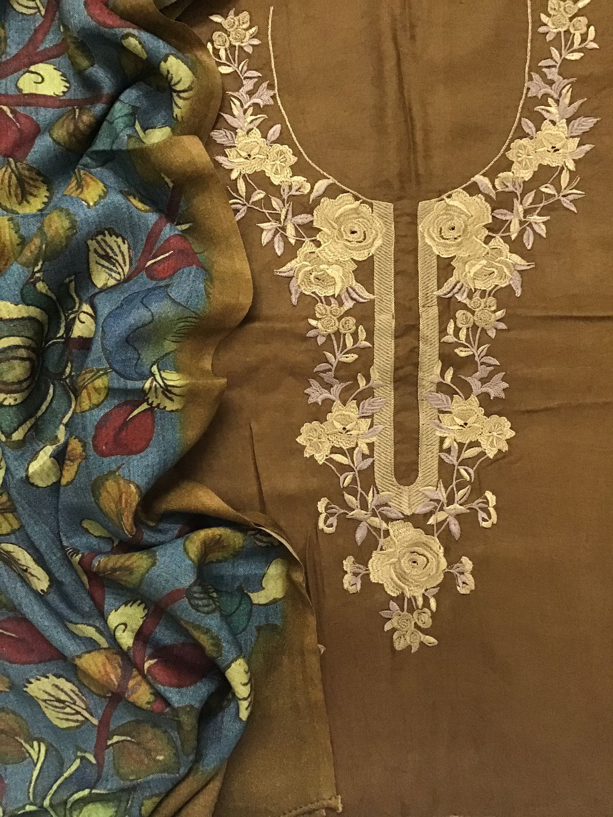 Soft Woollen Slub Silk Printed Embroidered Suit - YELLOWISH BROWN