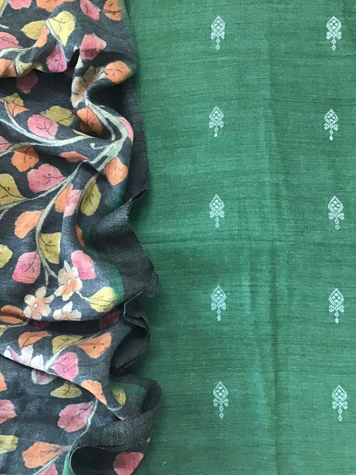 Soft Woollen Basbara Cotton Silk Self Weaved Printed Suit - Green