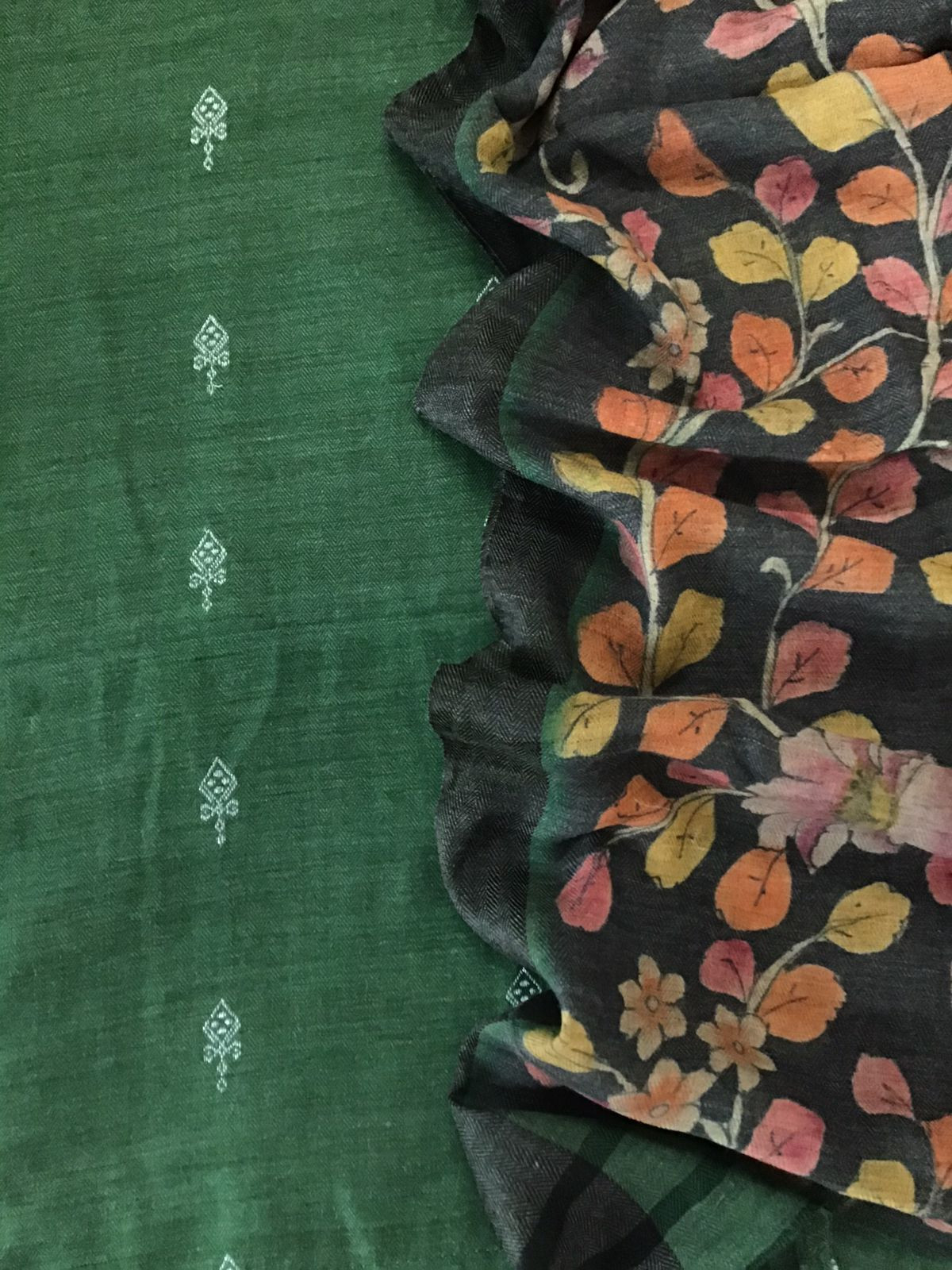 Soft Woollen Basbara Cotton Silk Self Weaved Printed Suit - Green