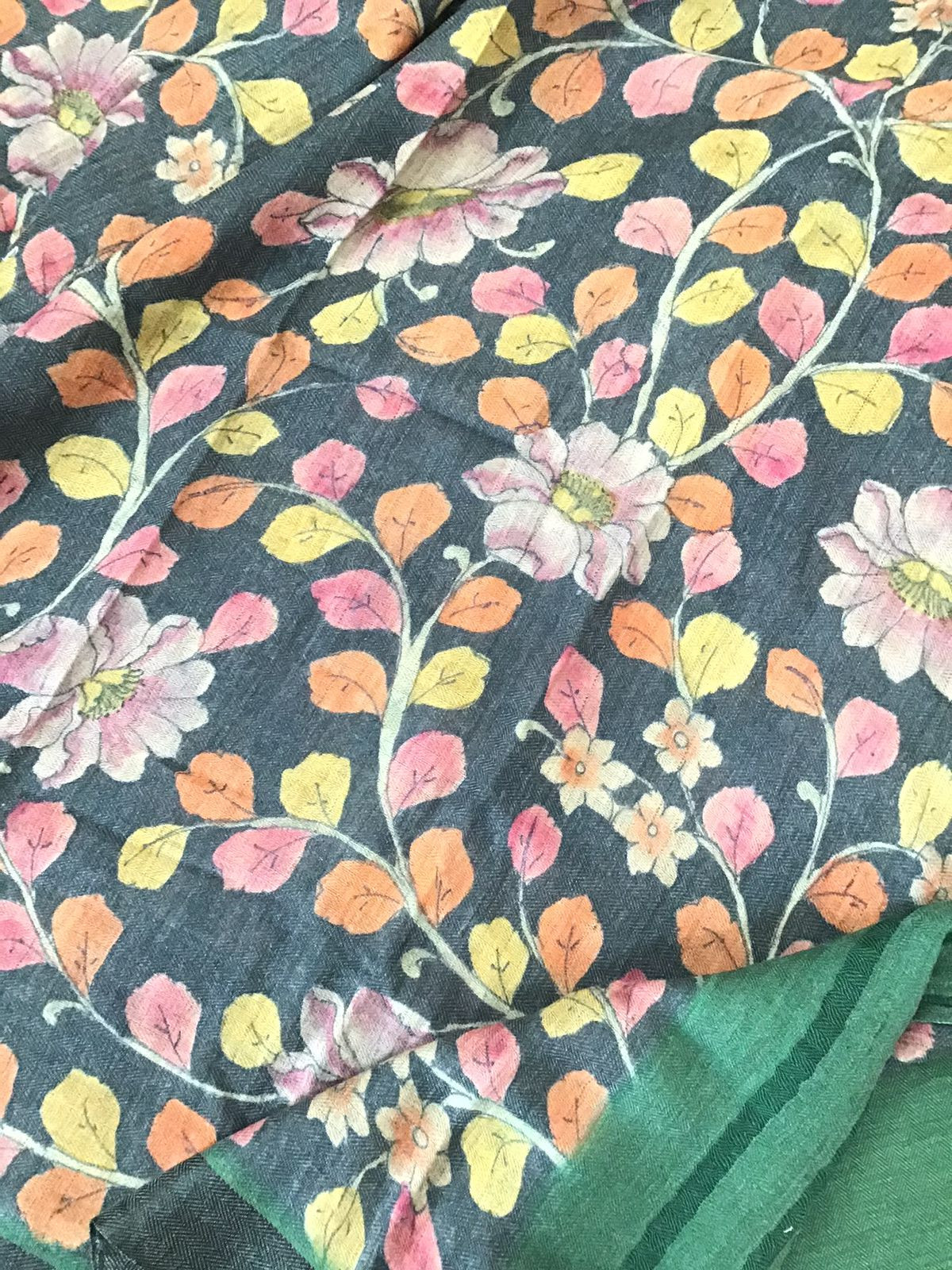 Soft Woollen Basbara Cotton Silk Self Weaved Printed Suit - Green