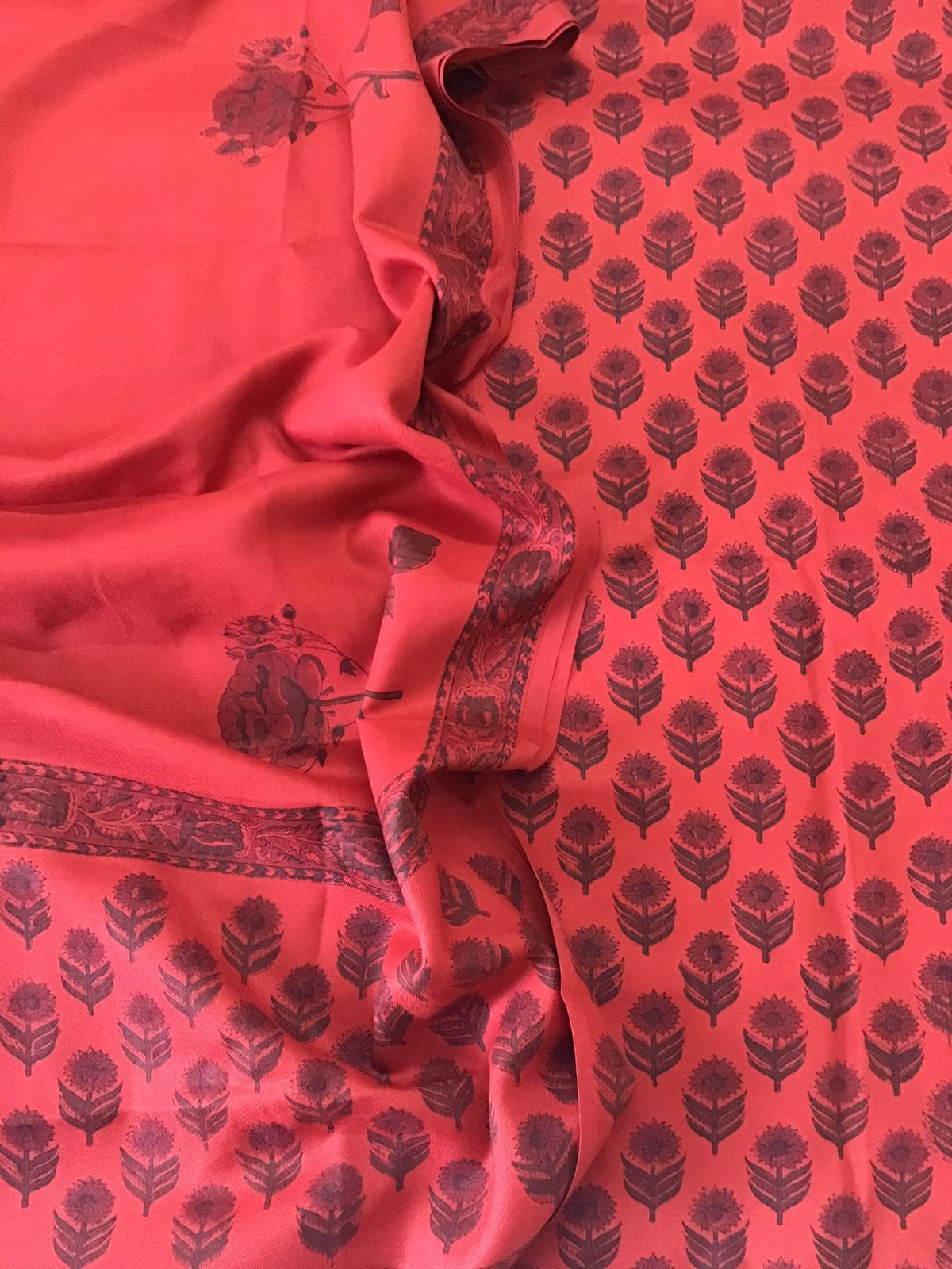 Soft Woollen Slub Silk Block Printed Suit - Orange