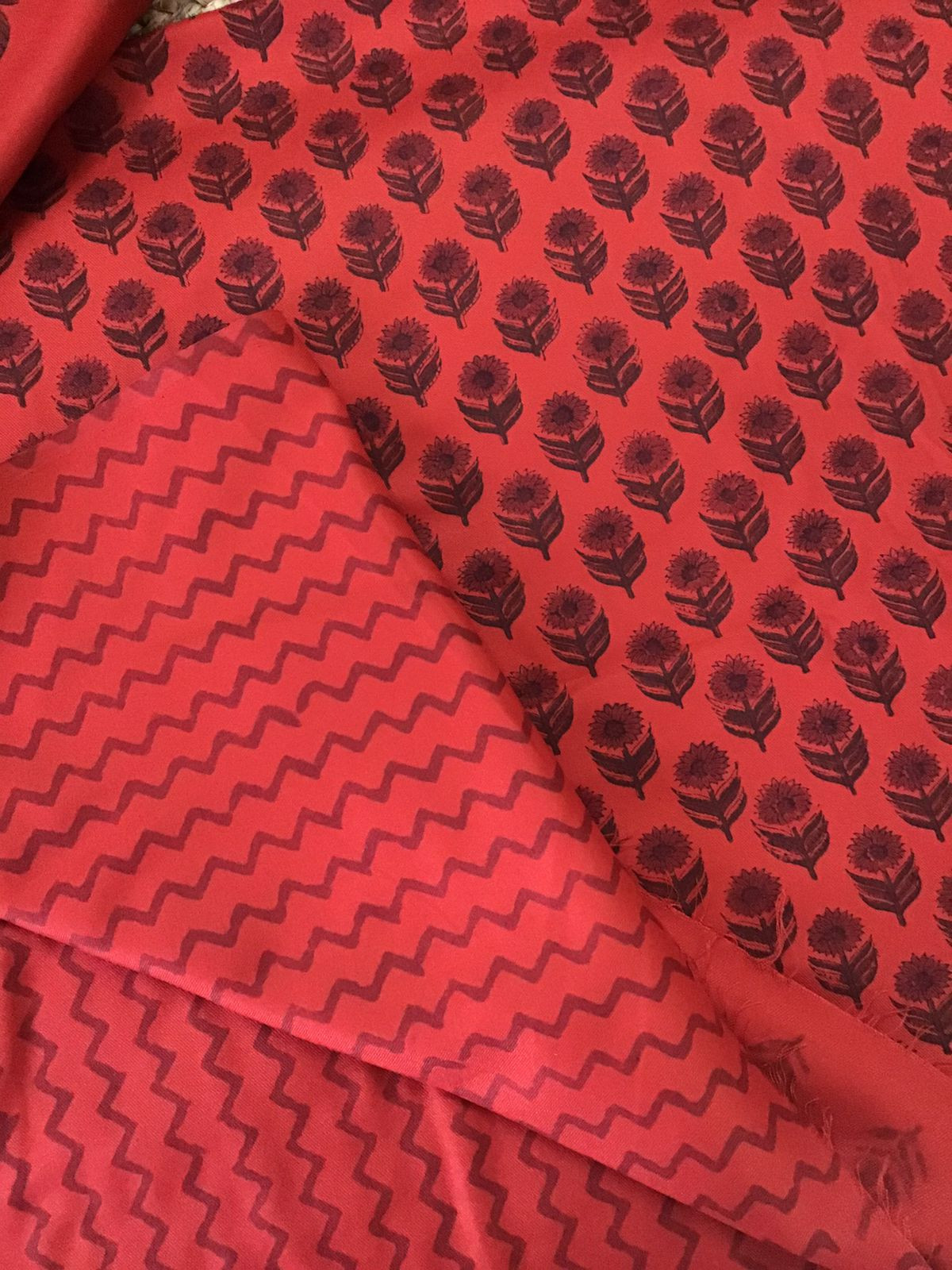 Soft Woollen Slub Silk Block Printed Suit - Orange