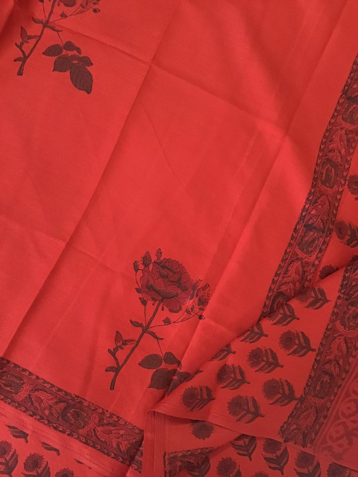 Soft Woollen Slub Silk Block Printed Suit - Orange