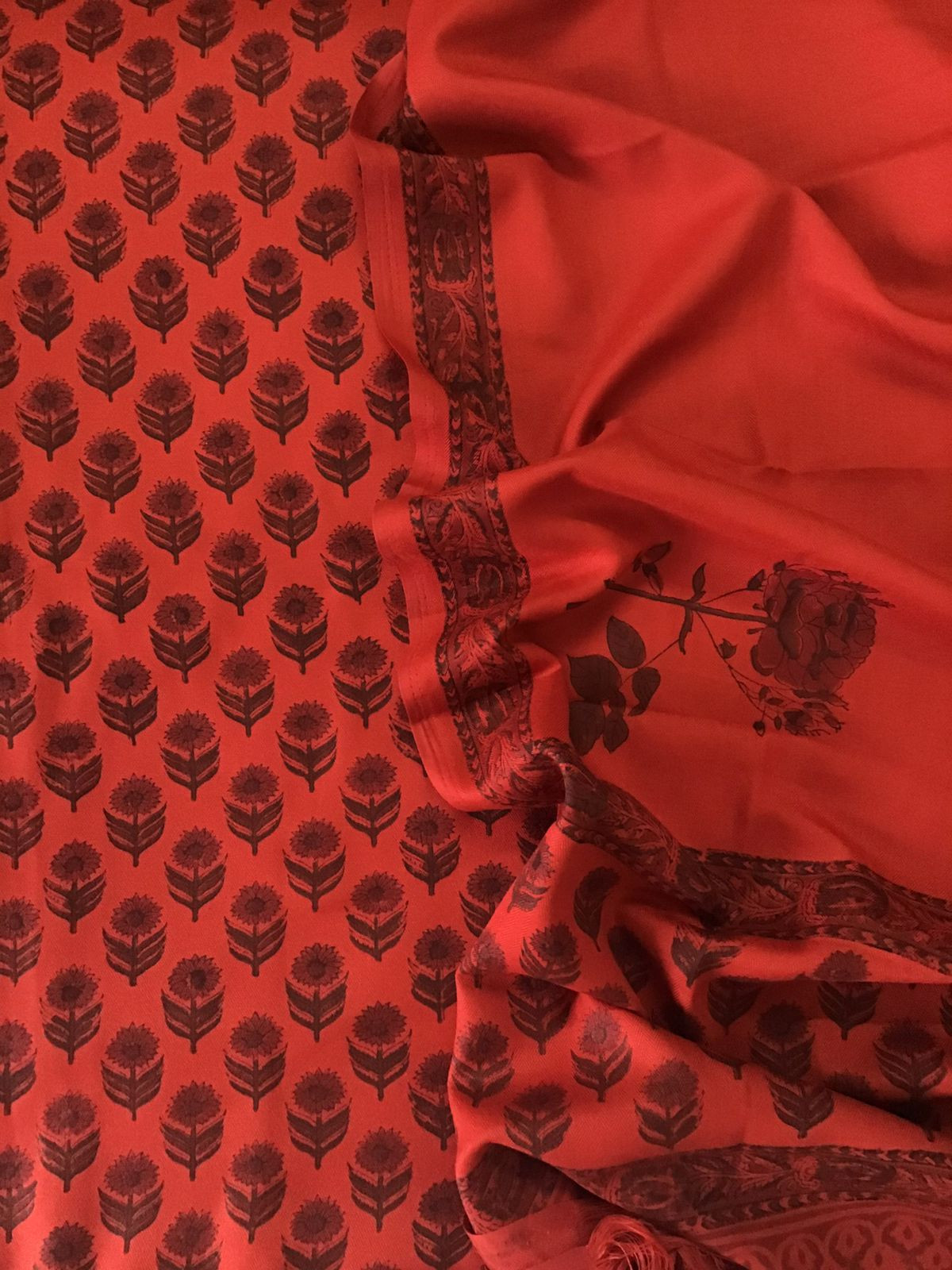 Soft Woollen Slub Silk Block Printed Suit - Orange