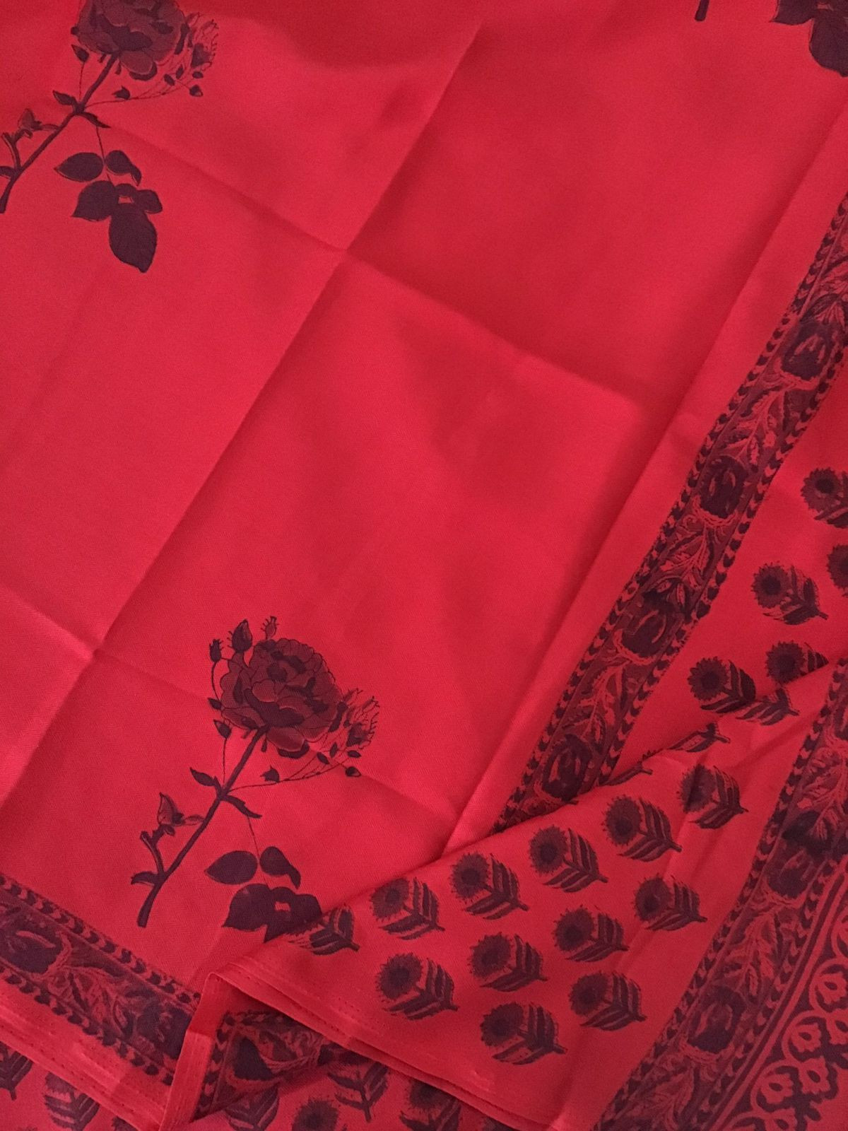 Soft Woollen Slub Silk Block Printed Suit - Red