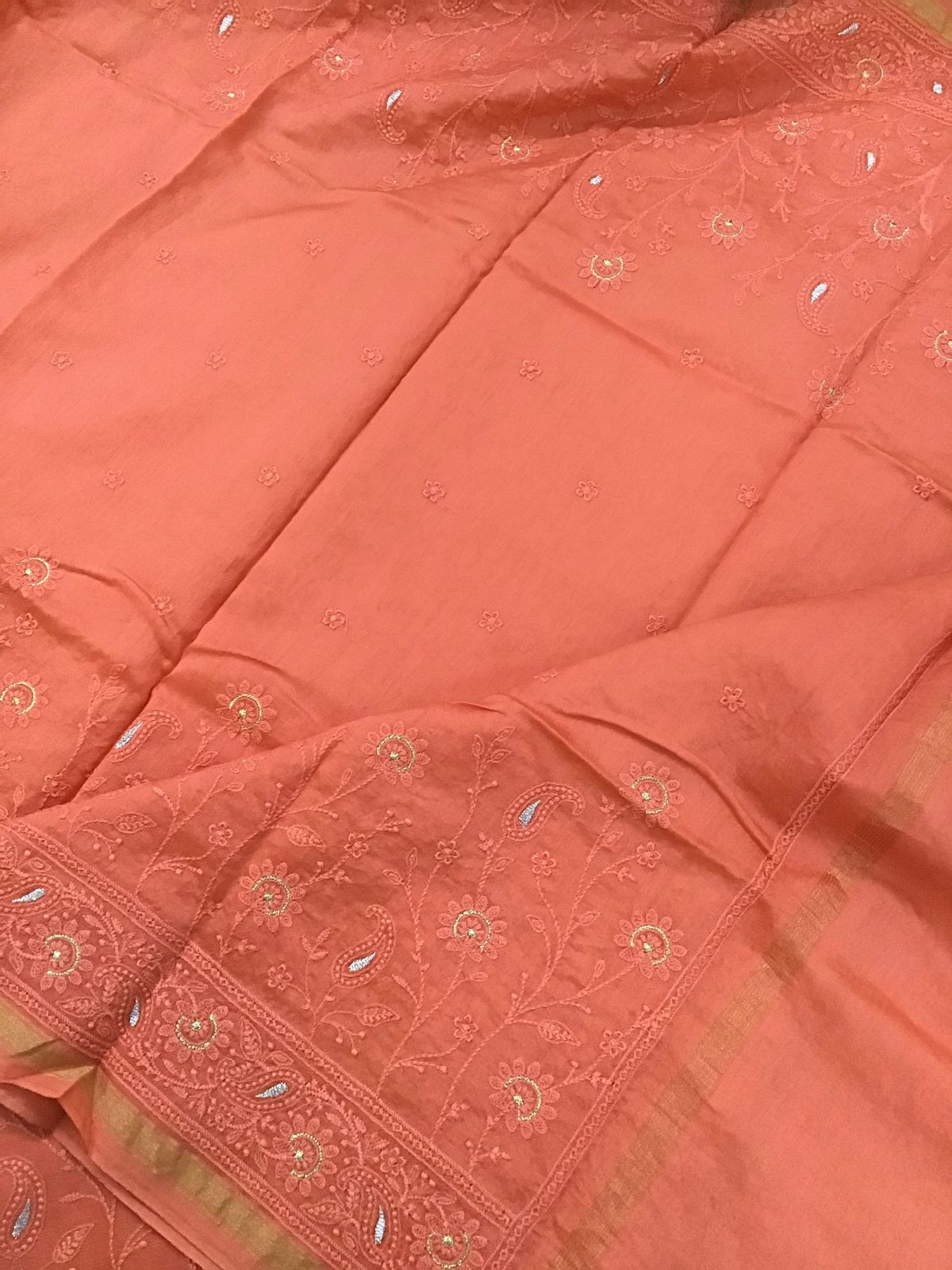 Pure Chanderi Embroidered Suit - Orange