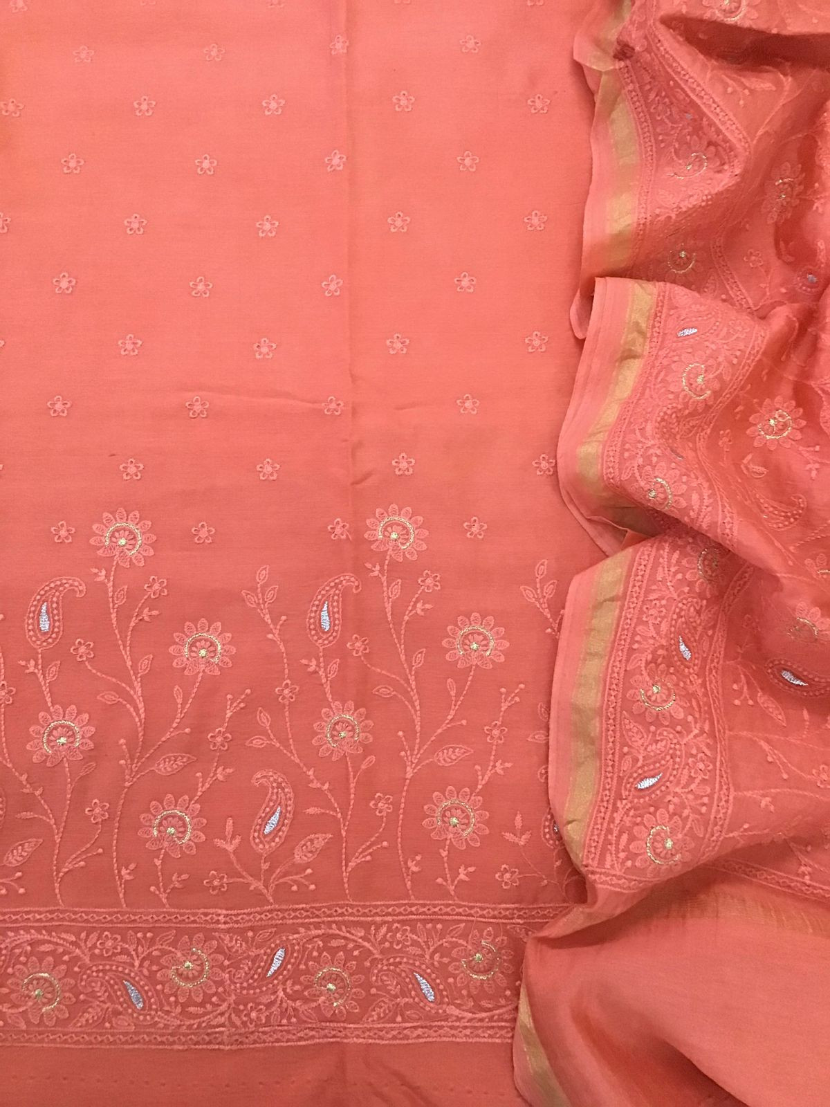 Pure Chanderi Embroidered Suit - Orange