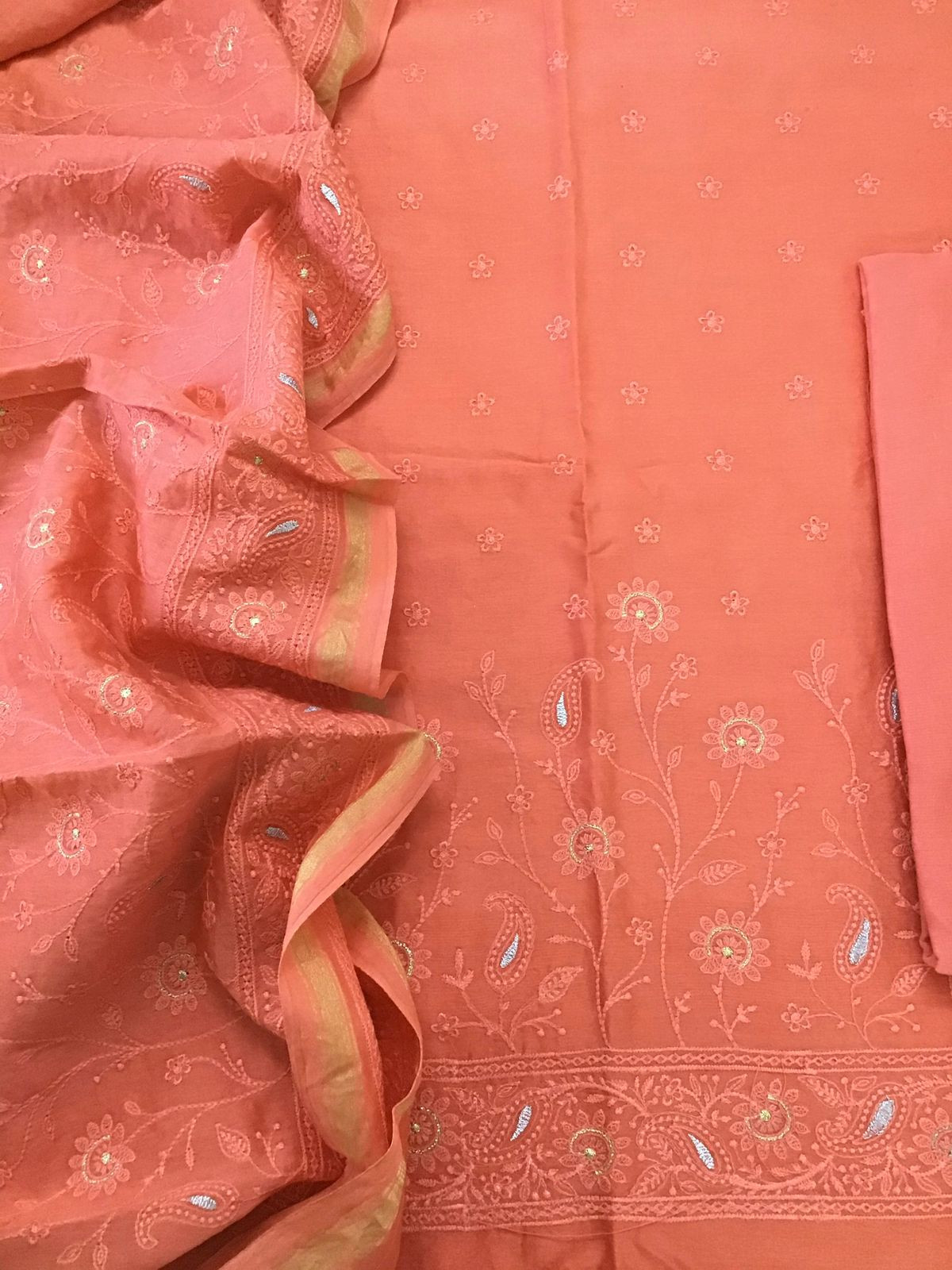 Pure Chanderi Embroidered Suit - Orange