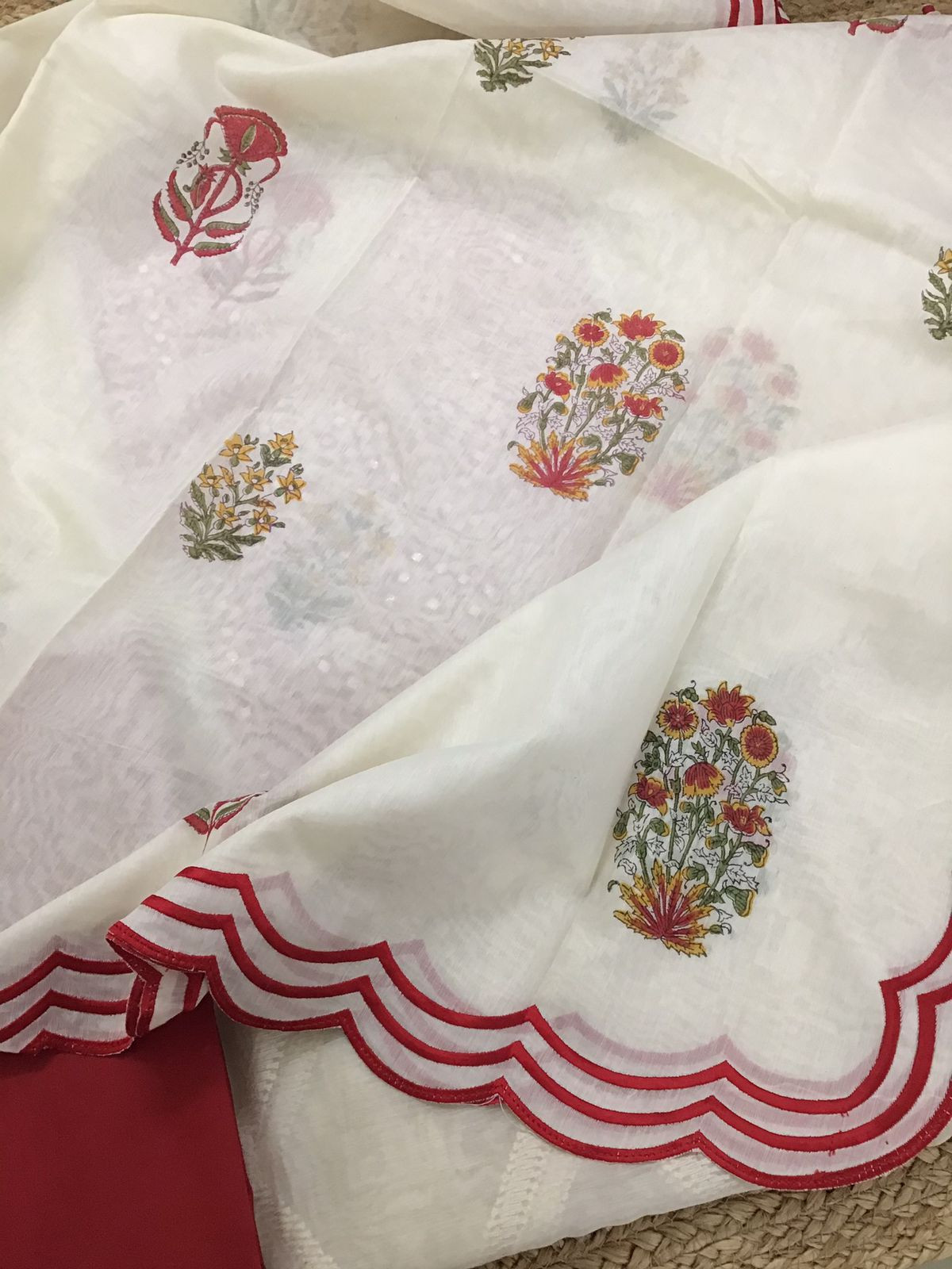 Pure Mul Chanderi Printed Embroidered Suit - Off White