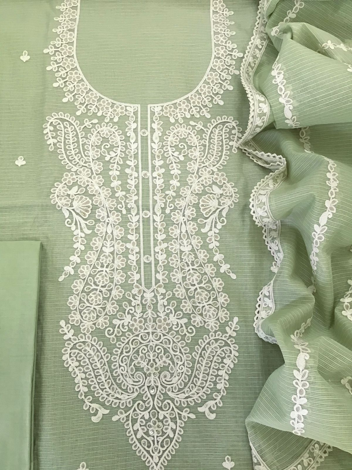 Soft Kota Silk Embroidered Suit - Green