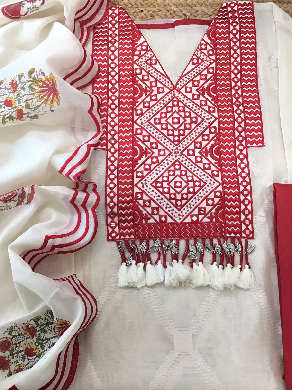 Pure Mul Chanderi Printed Embroidered Suit - Off White