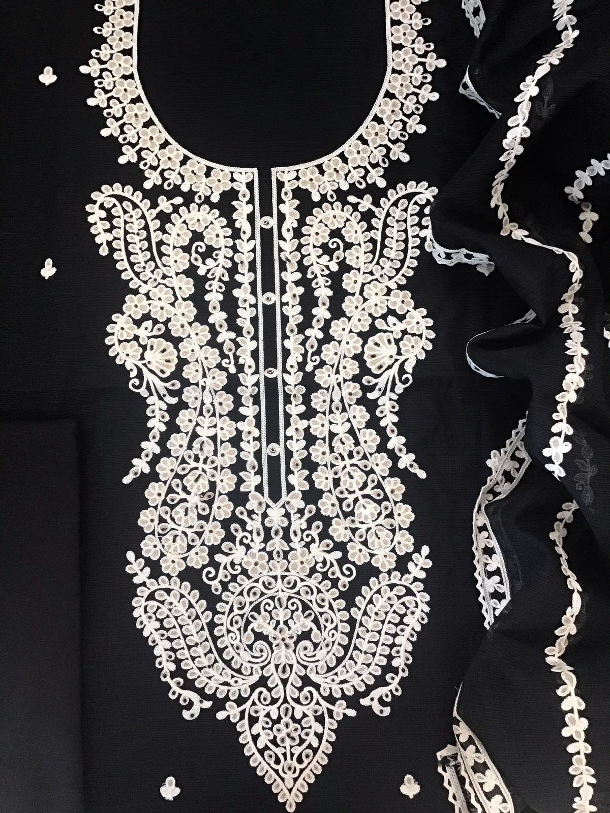 Soft Kota Silk Embroidered Suit - Black