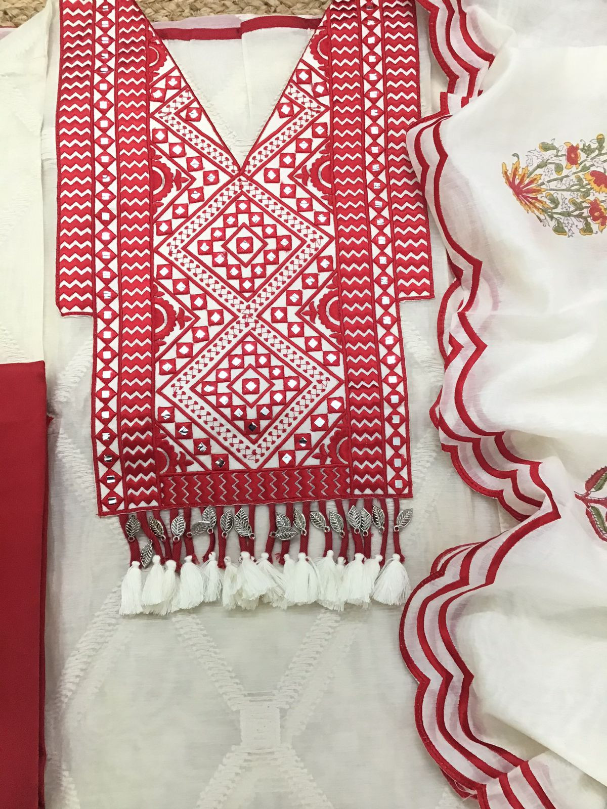 Pure Mul Chanderi Printed Embroidered Suit - Off White