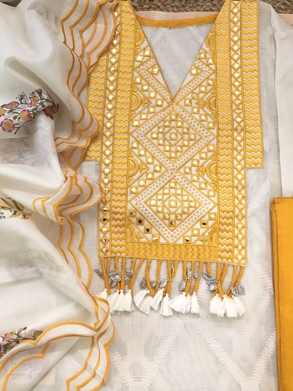 Pure Mul Chanderi Printed Embroidered Suit - Off White