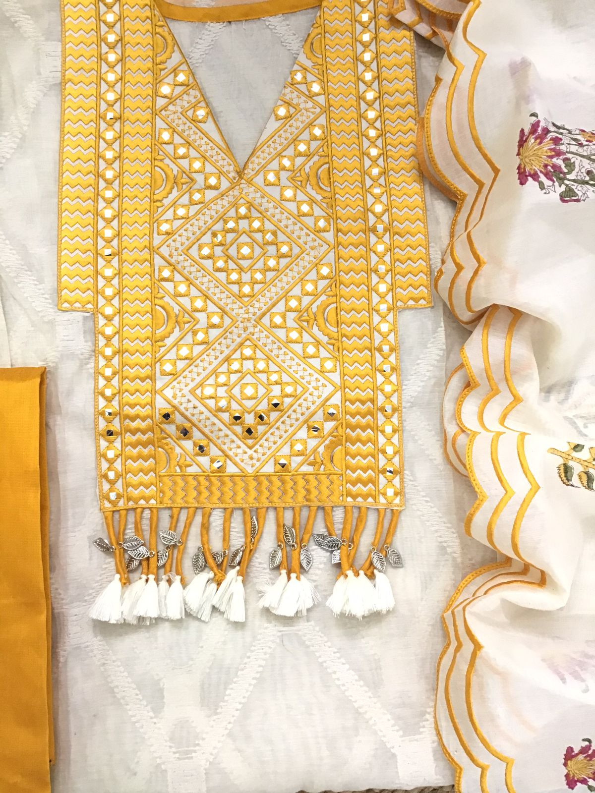 Pure Mul Chanderi Printed Embroidered Suit - Off White