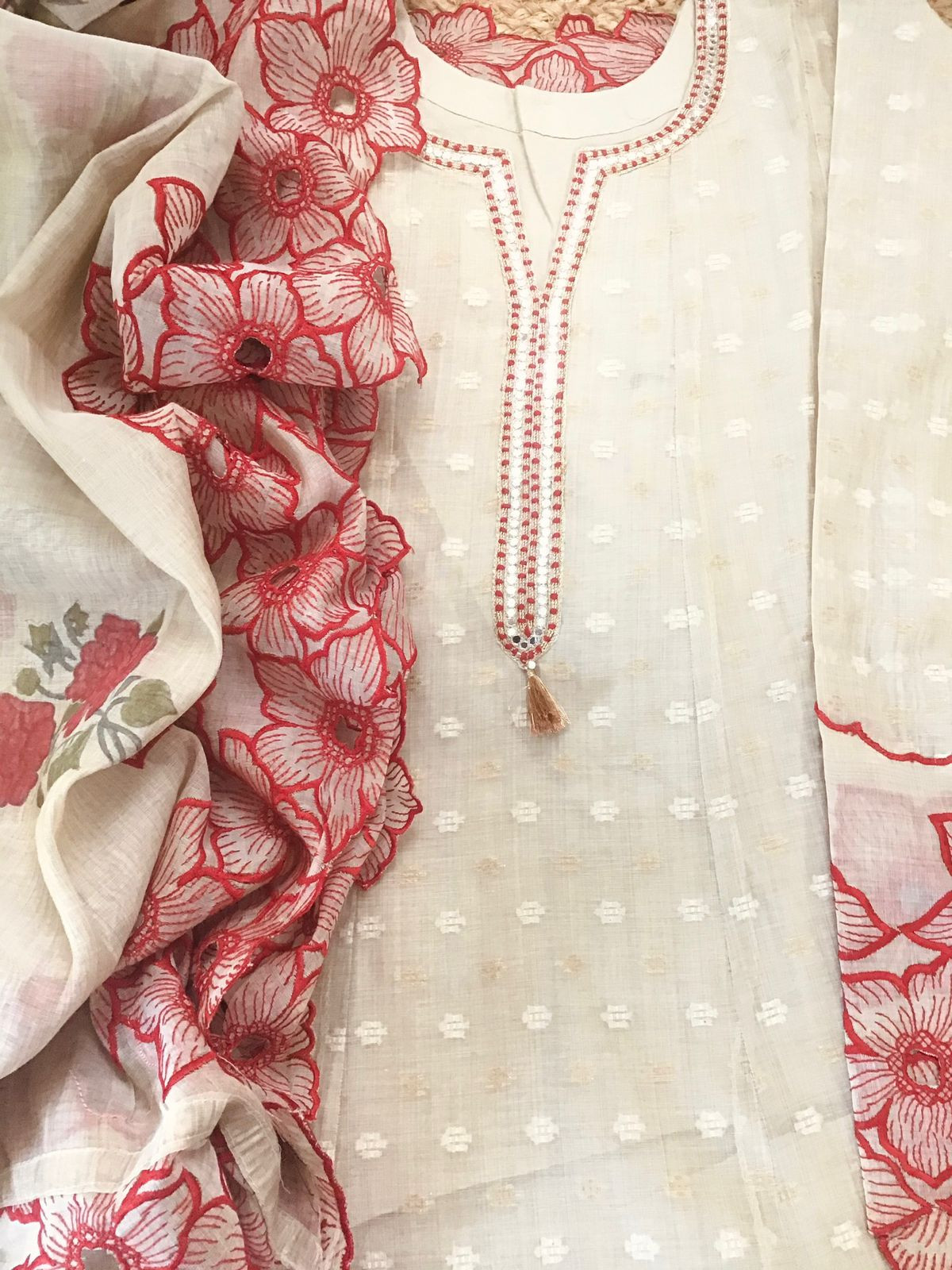 Pure Chanderi Self Weaved Embroidered Anarkali Style Unstitched Suit - Beige