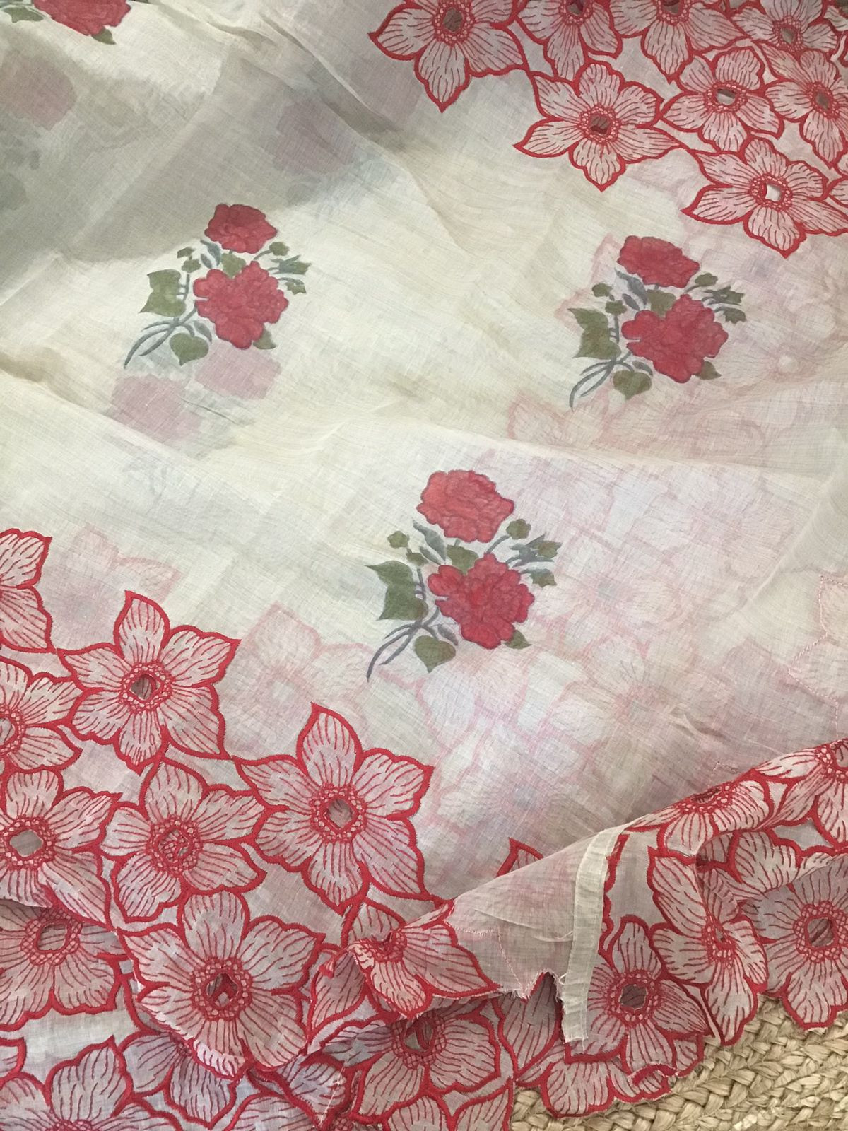 Pure Chanderi Self Weaved Embroidered Anarkali Style Unstitched Suit - Beige