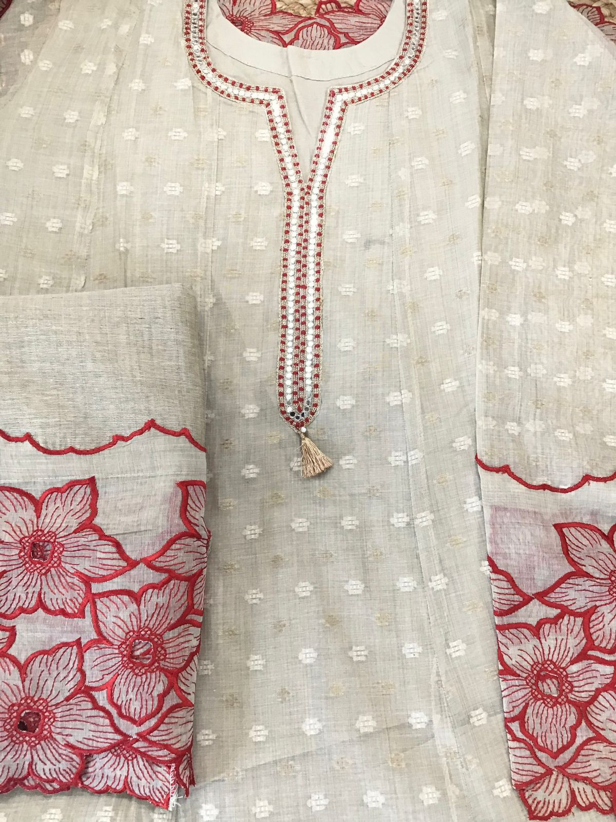 Pure Chanderi Self Weaved Embroidered Anarkali Style Unstitched Suit - Beige