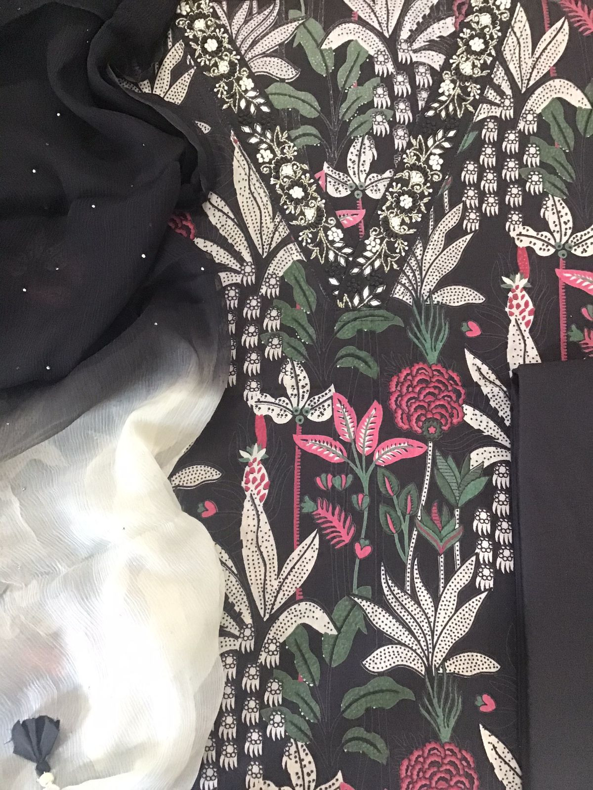Pure Cotton Printed Embroidered Suit - Black