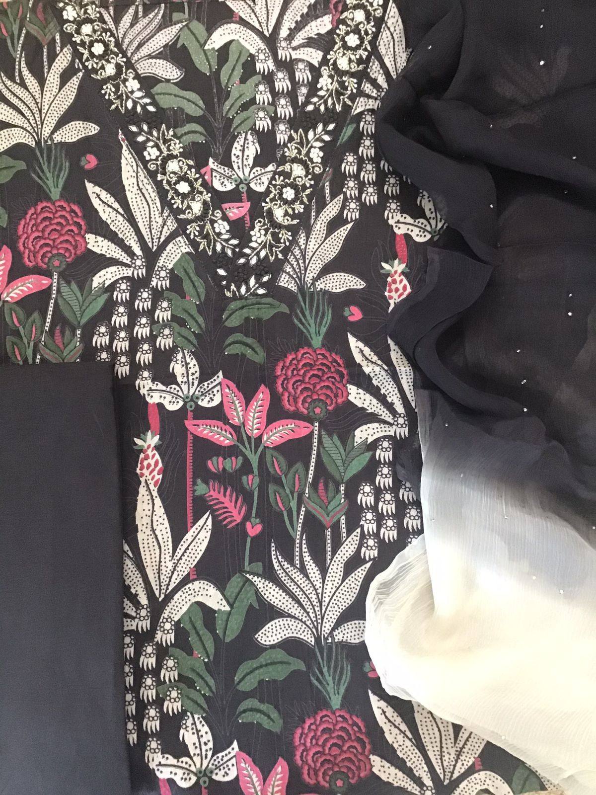 Pure Cotton Printed Embroidered Suit - Black