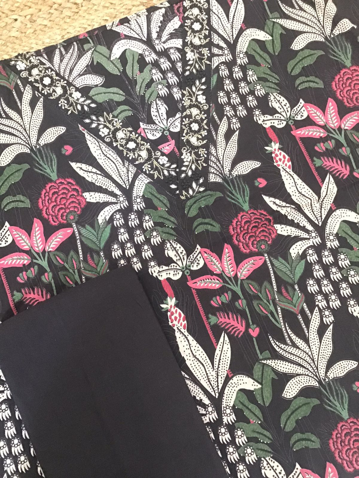 Pure Cotton Printed Embroidered Suit - Black