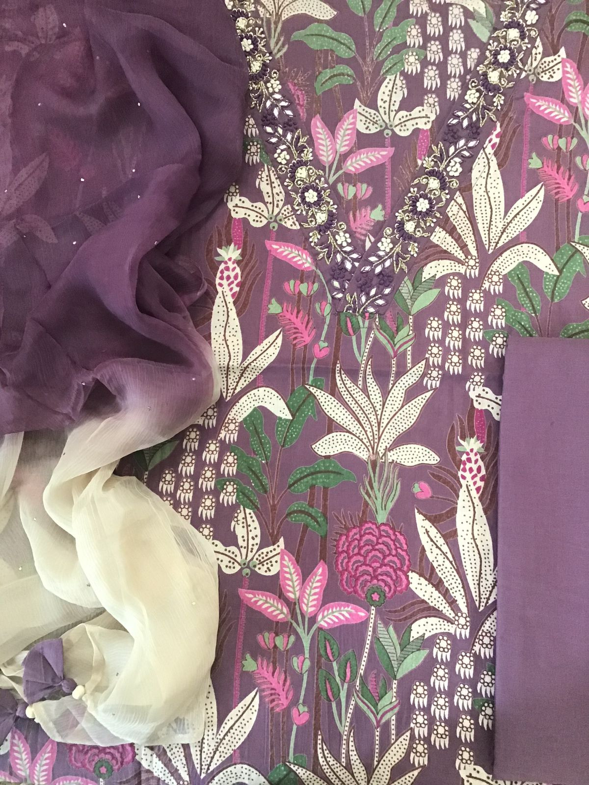 Pure Cotton Printed Embroidered Suit - Purple