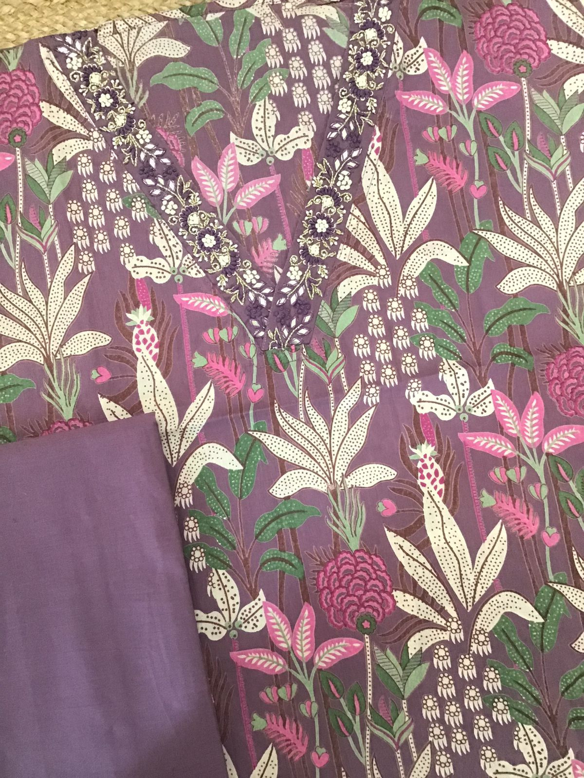 Pure Cotton Printed Embroidered Suit - Purple