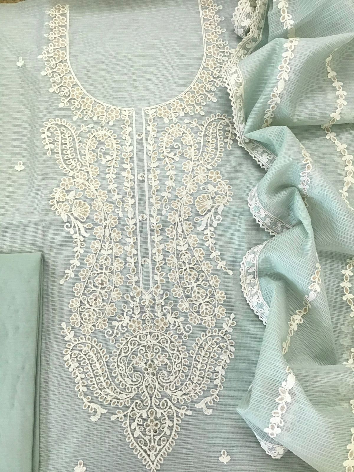 Soft Kota Silk Embroidered Suit - Seablue