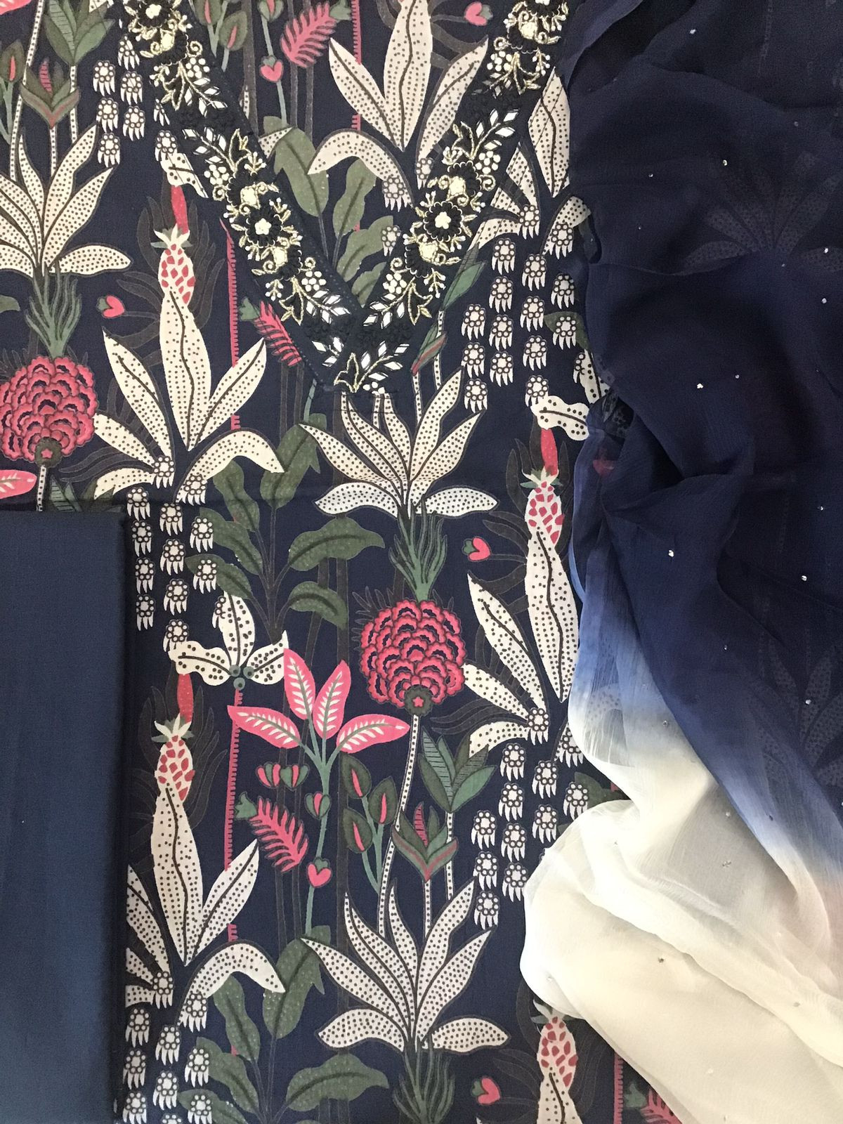 Pure Cotton Printed Embroidered Suit - Blue