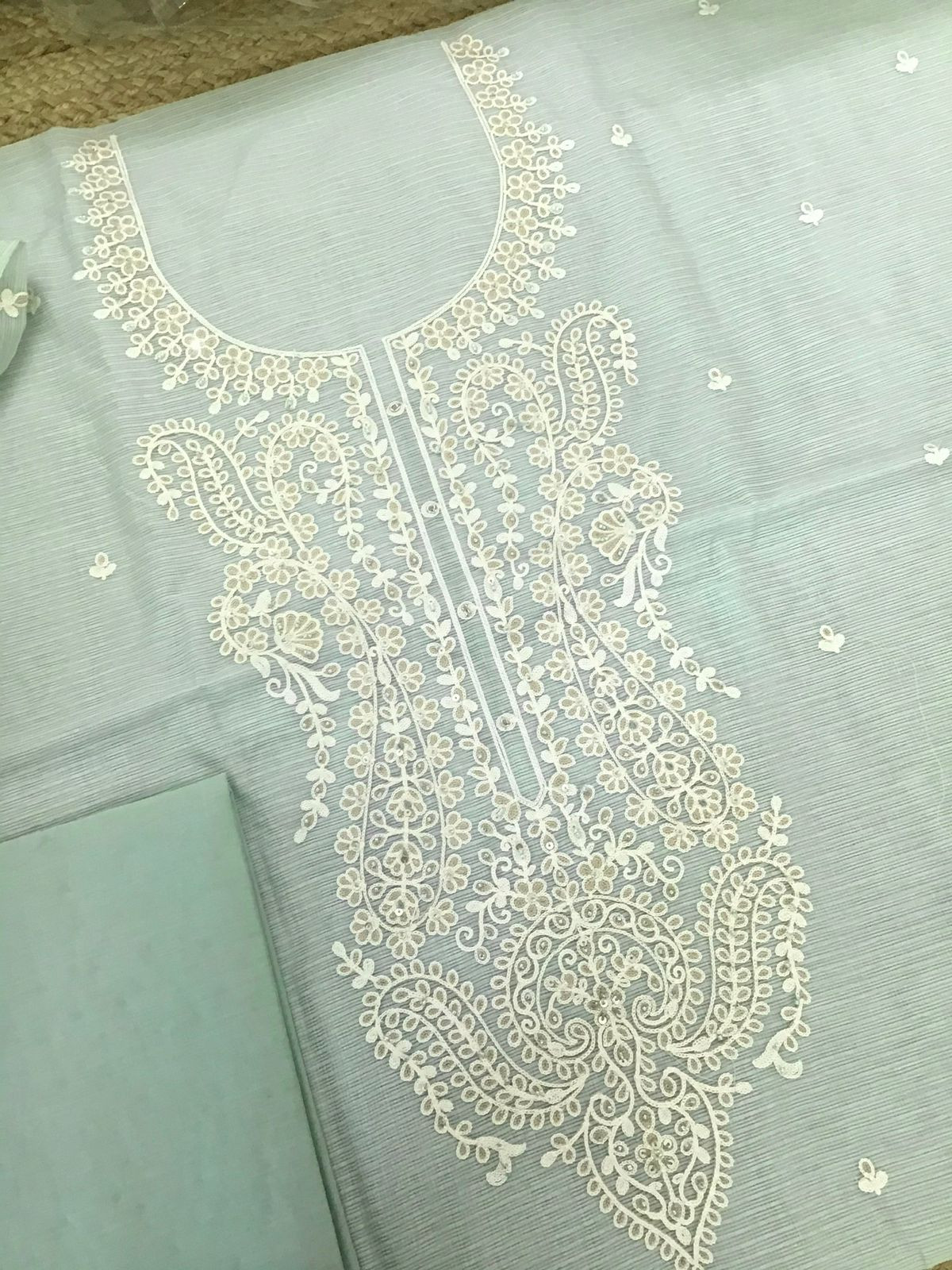 Soft Kota Silk Embroidered Suit - Seablue