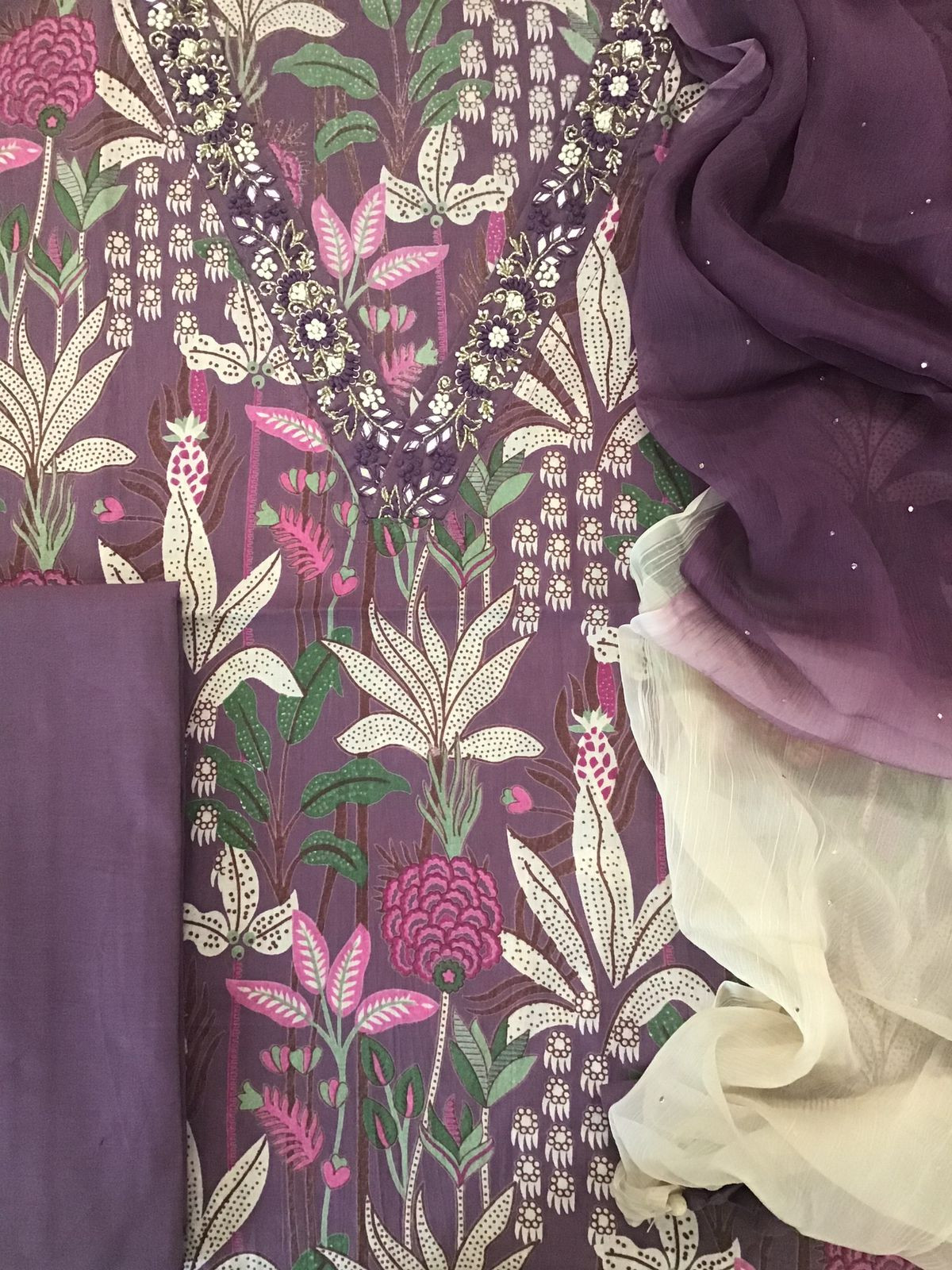 Pure Cotton Printed Embroidered Suit - Purple