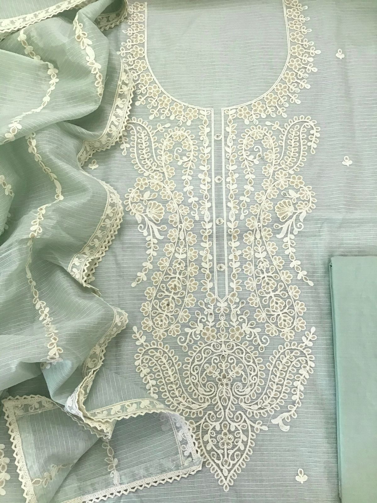 Soft Kota Silk Embroidered Suit - Seablue