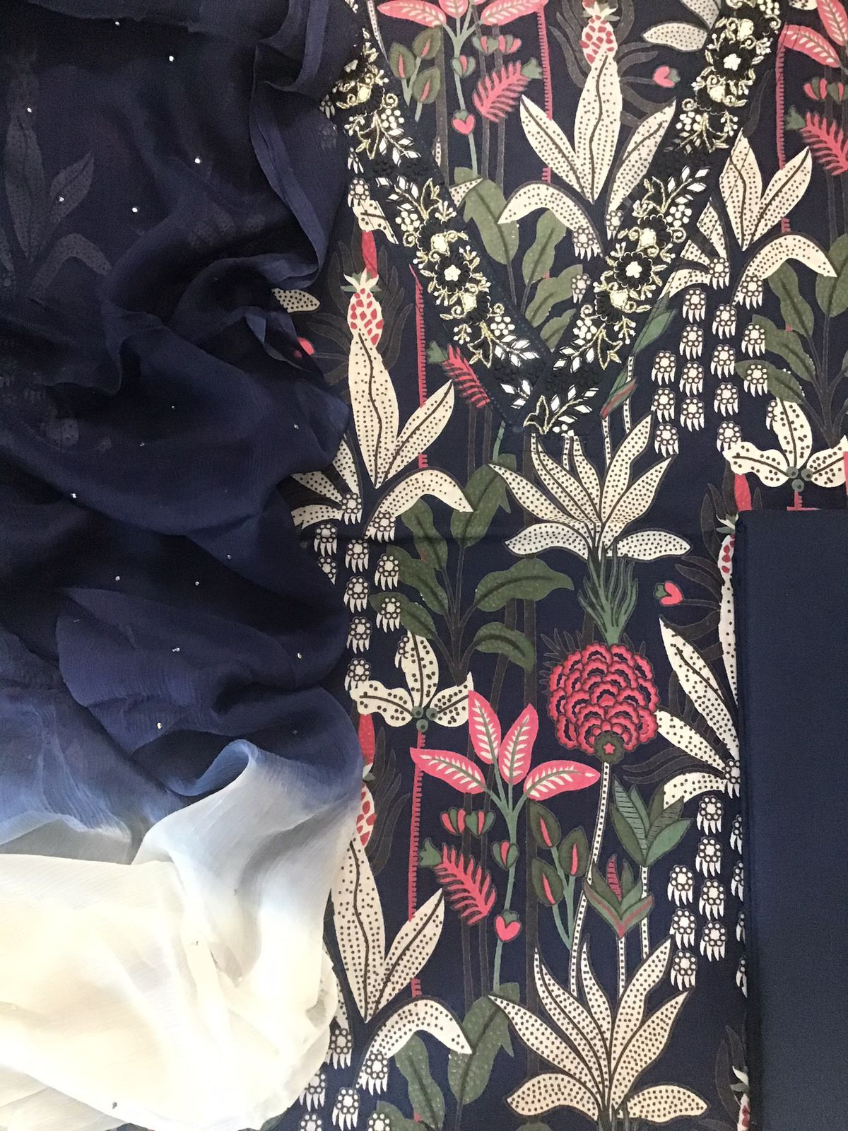 Pure Cotton Printed Embroidered Suit - Blue