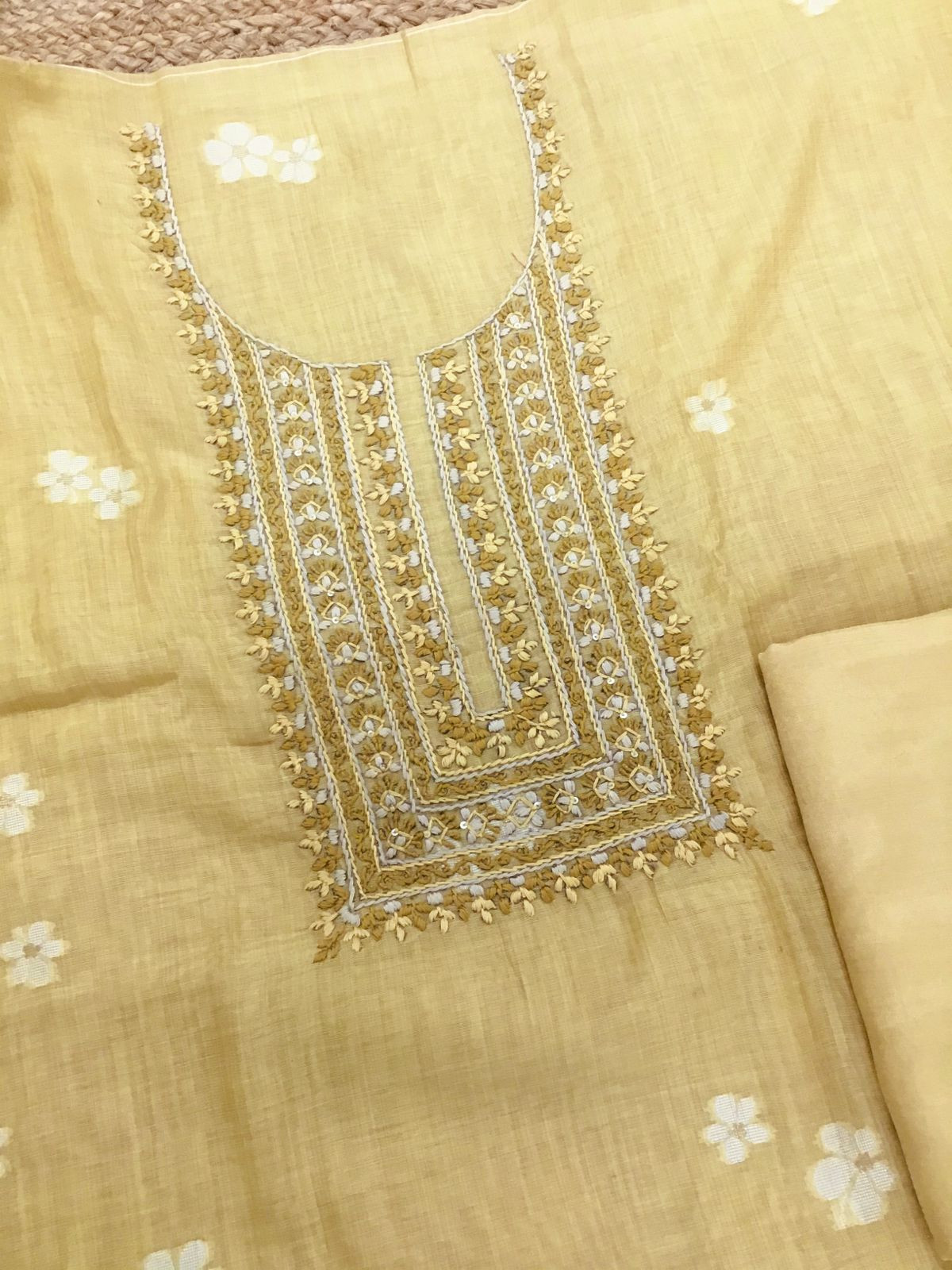 Soft Slub Chanderi Jamdani Weaved Embroidered Suit - Yellow