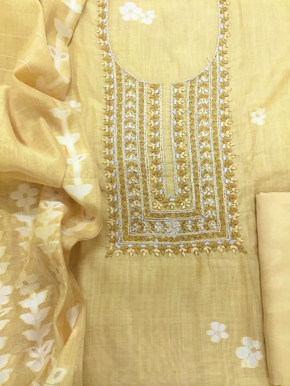 Soft Slub Chanderi Jamdani Weaved Embroidered Suit - Yellow