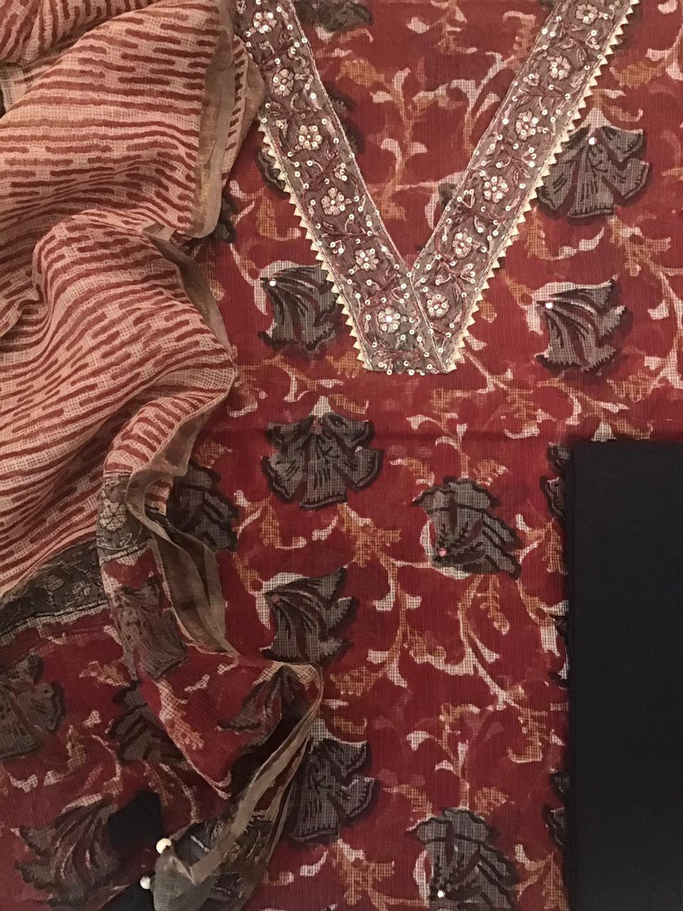 Pure Fine Kota Cotton Printed Embroidered Suit - Dark Red