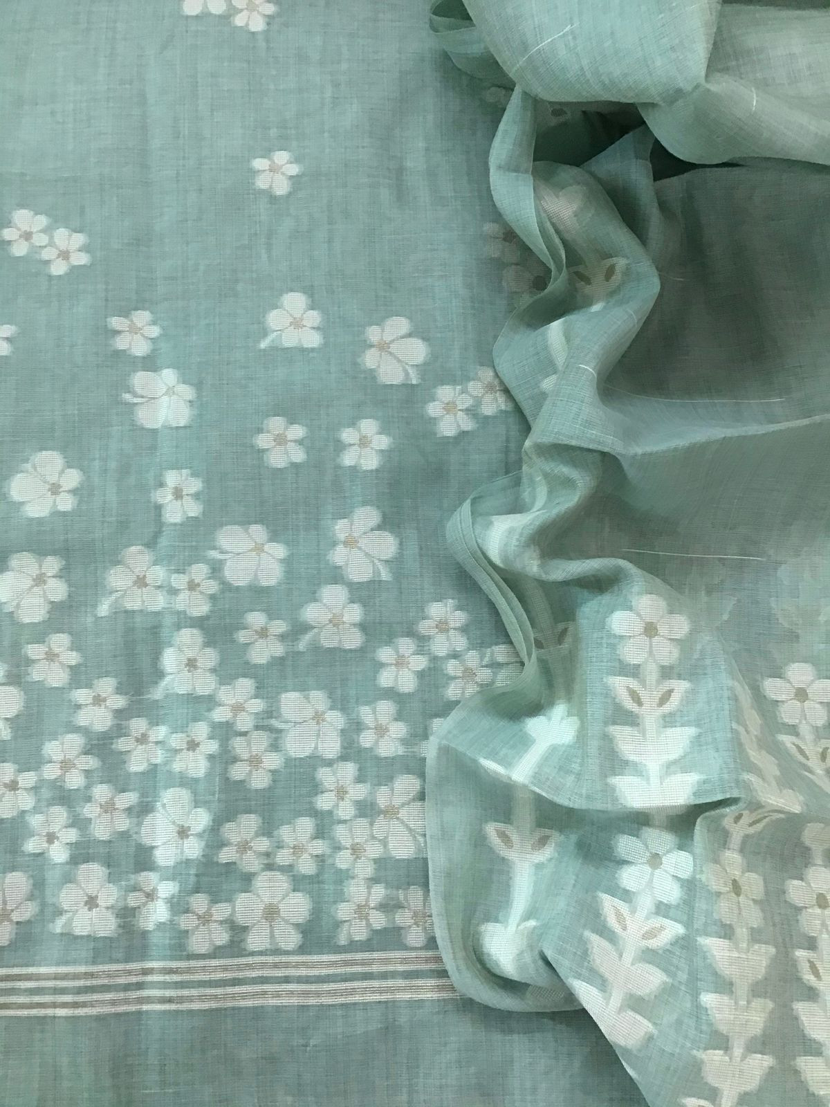 Soft Slub Chanderi Jamdani Weaved Embroidered Suit - Sea Blue