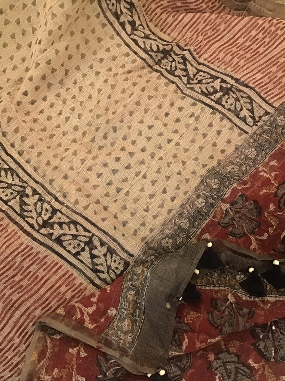 Pure Fine Kota Cotton Printed Embroidered Suit - Dark Red