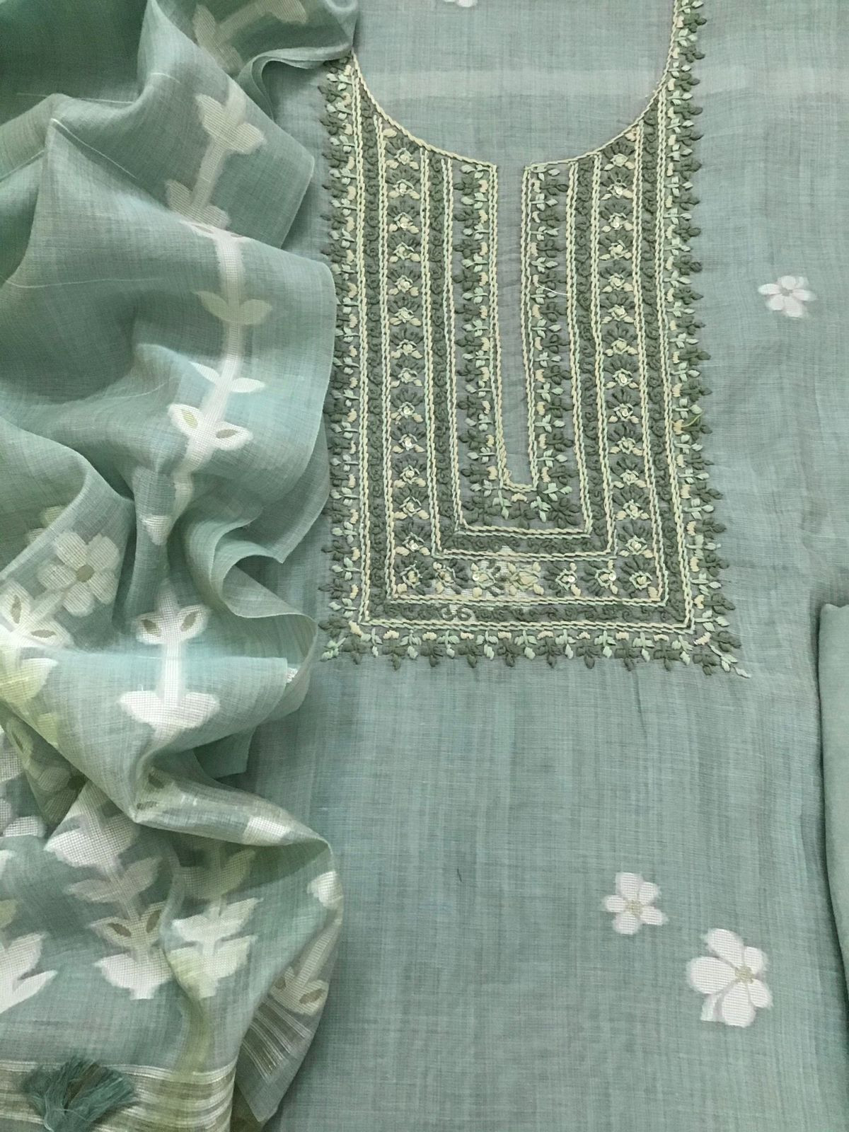 Soft Slub Chanderi Jamdani Weaved Embroidered Suit - Sea Blue