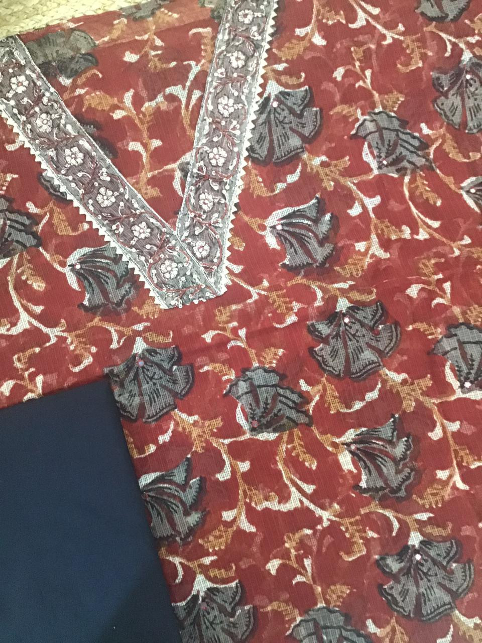 Pure Fine Kota Cotton Printed Embroidered Suit - Dark Red