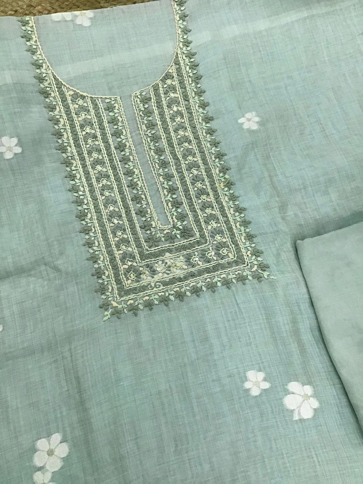 Soft Slub Chanderi Jamdani Weaved Embroidered Suit - Sea Blue