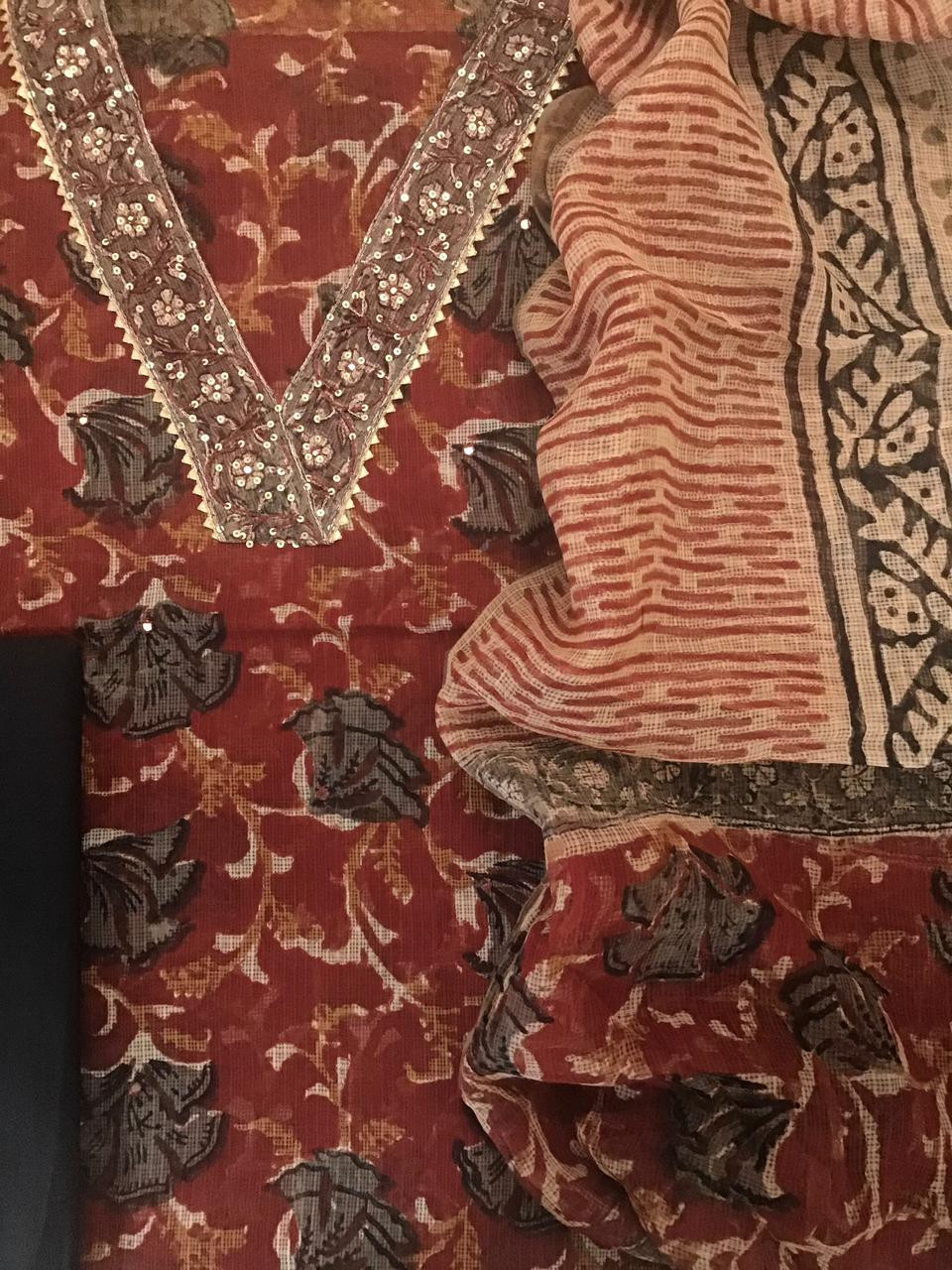 Pure Fine Kota Cotton Printed Embroidered Suit - Dark Red