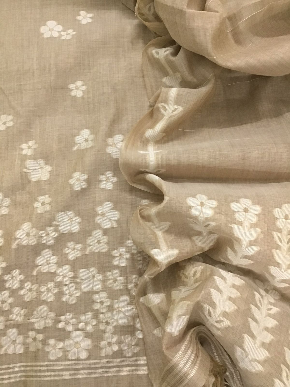 Soft Slub Chanderi Jamdani Weaved Embroidered Suit - Beige