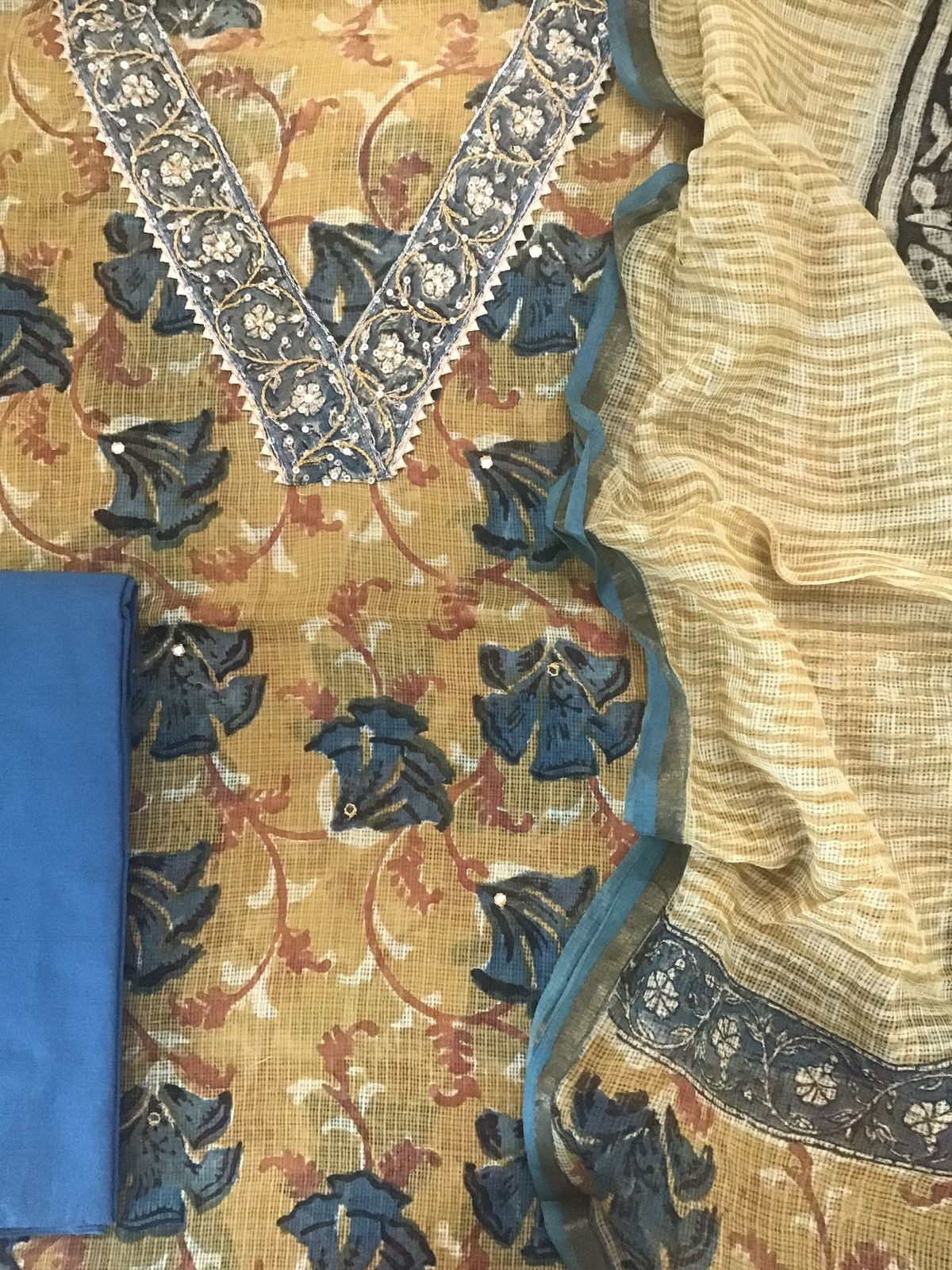 Pure Fine Kota Cotton Printed Embroidered Suit - Yellow